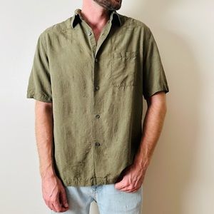 Crazy horse 100% silk short sleeve button down shirt Olive green